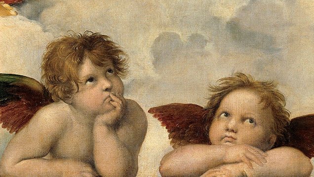 Raphaels berühmte Darstellung von Engeln als Kinder. In der Bibel kommen Engel durchaus auch kämpferischer vor