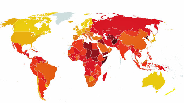 Der "Korruptionswahrnehmungsindex" zeigt, welche Länder als besonders korrupt gelten (rot), und welche als sauber (gelb)