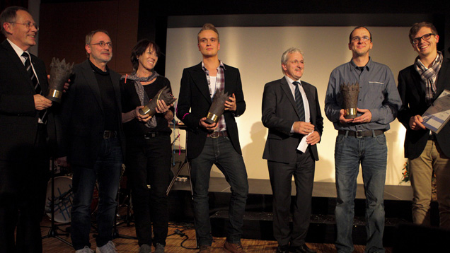 Verleihung CFF Filmpreis DAVID 2011. Prälat Werner Redies, Heidi und Bernd Umbreit, Matthias Zetzsche, Prof. Martin Gläser als Sprecher der Jury, Rainer Hackstock und Julian Albrecht (v.l.n.r.)