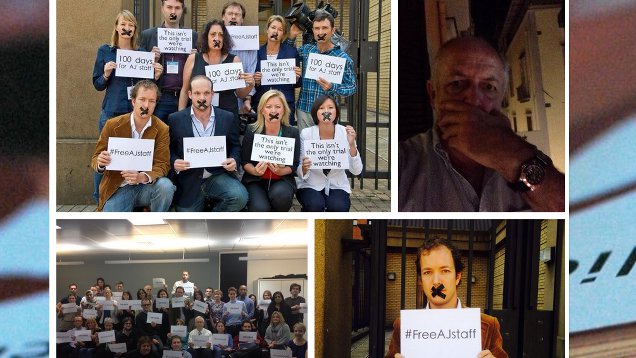Auf Twitter solidarisieren sich Journalisten mit ihren gefangenen Kollegen. Sie posten Fotos von sich mit zugeklebtem Mund und der Forderung, die Al-Dschasira-Journalisten freizulassen