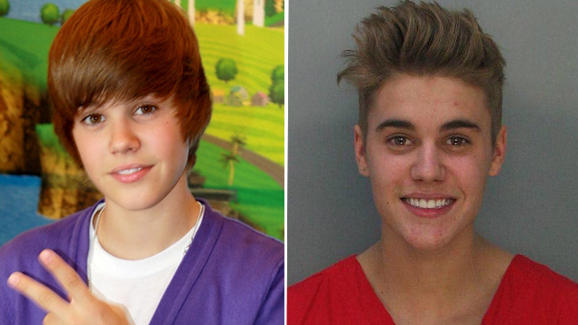 Zwischen diesen beiden Bildern liegen fünf Jahre: Bieber (l.) 2009 als 15-Jähriger bei seinem Durchbruch und 2014 auf einem Polizeifoto nach seiner Verhaftung wegen Alkohols am Steuer