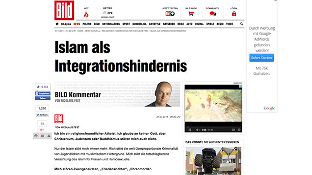 Eventuell hat ihm sein Kommentar vom 27. Juli 2014 in der BamS den Job gekostet: Nicolaus Fest kritisierte den Islam als integrationsunwürdig