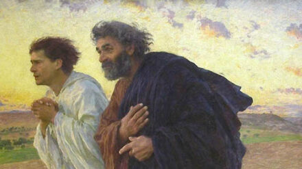 Eines der 365 Bilder, die präsentiert werden: Johannes und Petrus laufen am Ostermorgen zum Grab (ein Ölgemälde von Eugene Burnand)