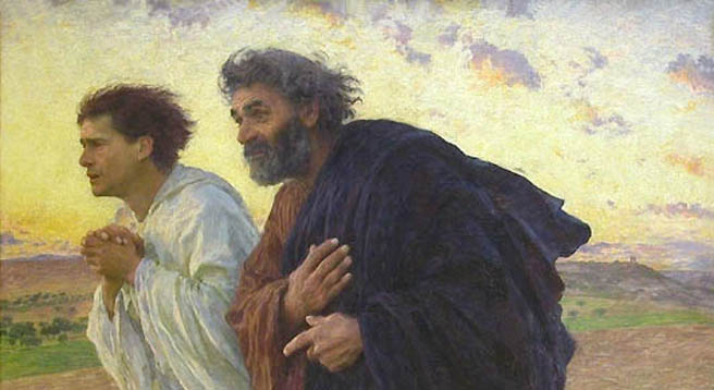 Eines der 365 Bilder, die präsentiert werden: Johannes und Petrus laufen am Ostermorgen zum Grab (ein Ölgemälde von Eugene Burnand)
