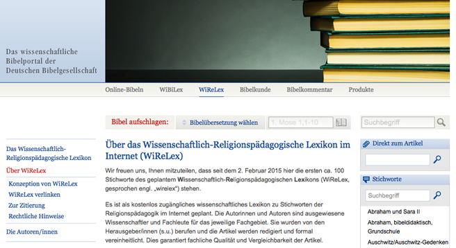 Seit Montag ist ein neues Online-Portal für Religionspädagogik online: Unter www.wirelex.de stehen zunächst 100 Artikel zum Thema zur Verfügung