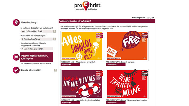 Wer jetzt schon die Evangelisationsveranstaltung ProChrist 2015 unterstützen möchte, kann dies online mit einer Plakat-Spende tun