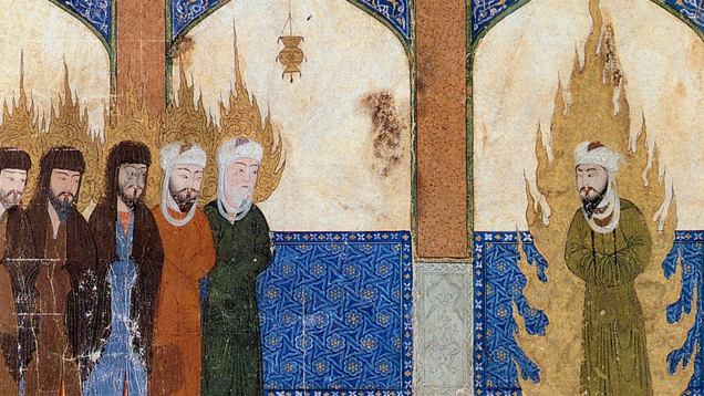 Persische Miniatur, in der Mohammed (rechts) Abraham, Mose, Jesus und andere Propheten im Gebet anleitet
