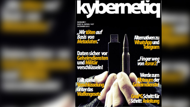 Auf dem Titel des Dschihad-Magazins „Kybernetiq“ ist eine Patronenhülse neben einem USB-Stick abgebildet