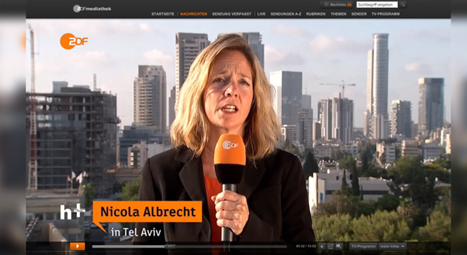 Nicola Albrecht berichtet für das ZDF aus Tel Aviv. Über den Konflikt zwischen Israelis und Palästinensern ausgewogen und fair zu berichten, gelingt nicht immer, wie aktuelle Beispiele der Sendung „Heute+” zeigen.
