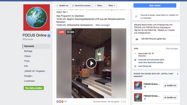 Das Magazin Focus streamt über Facebook Gottesdienste in der Adventszeit