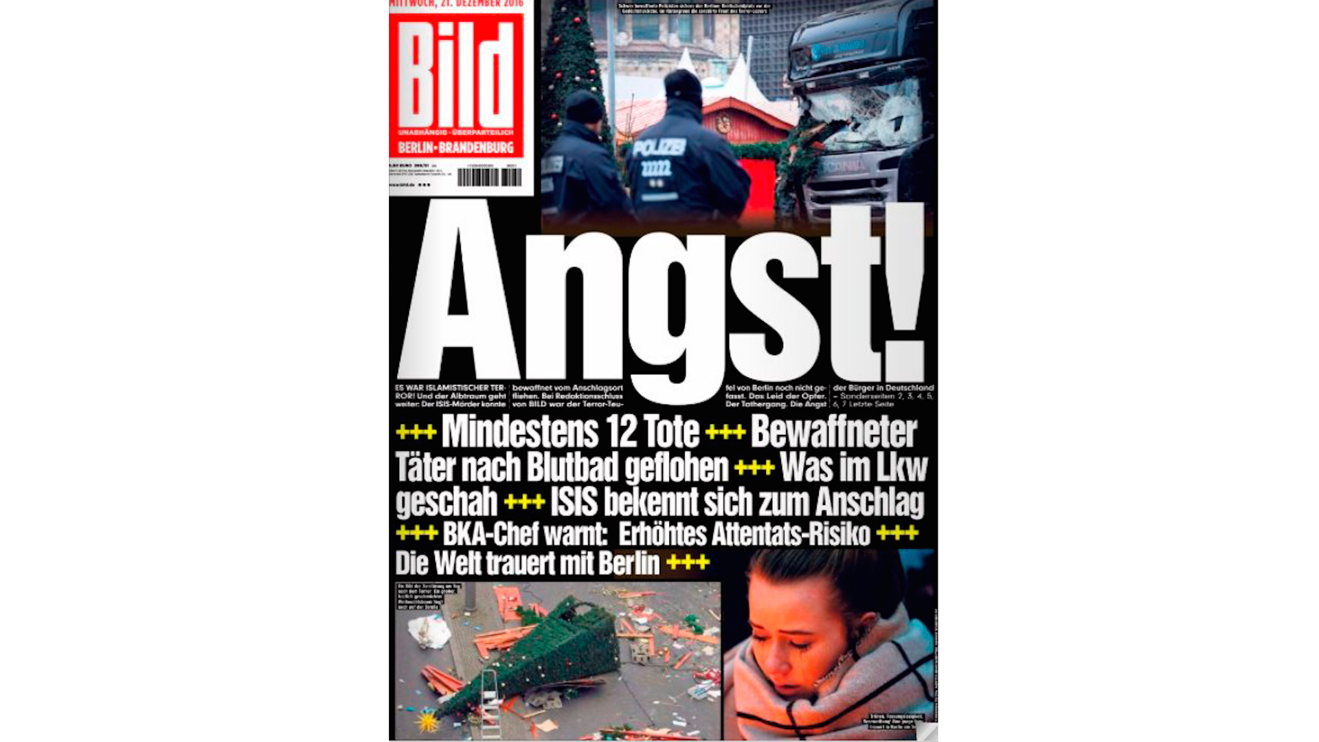 Titel der BILD-Zeitung vom Mittwoch, dem 21. Dezember 2016