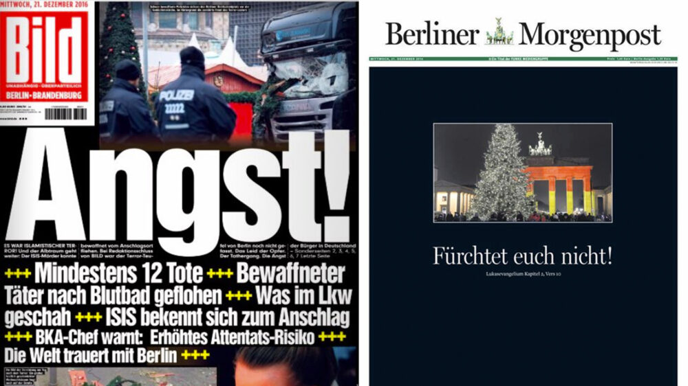 Die Titelseiten der BILD und der Berliner Morgenpost vom Mittwoch, zwei Tage nach dem Terroranschlag vom 19.12.2016