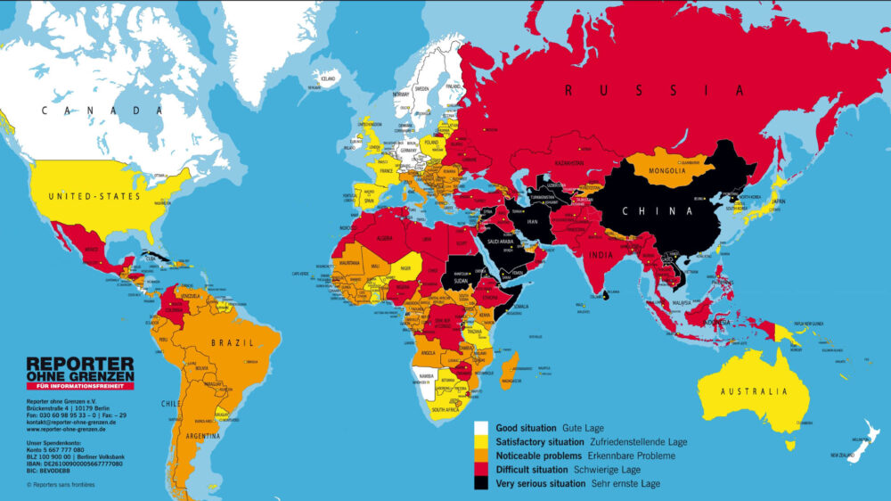 Die Weltkarte der Organisation Reporter ohne Grenzen zur Pressefreiheit