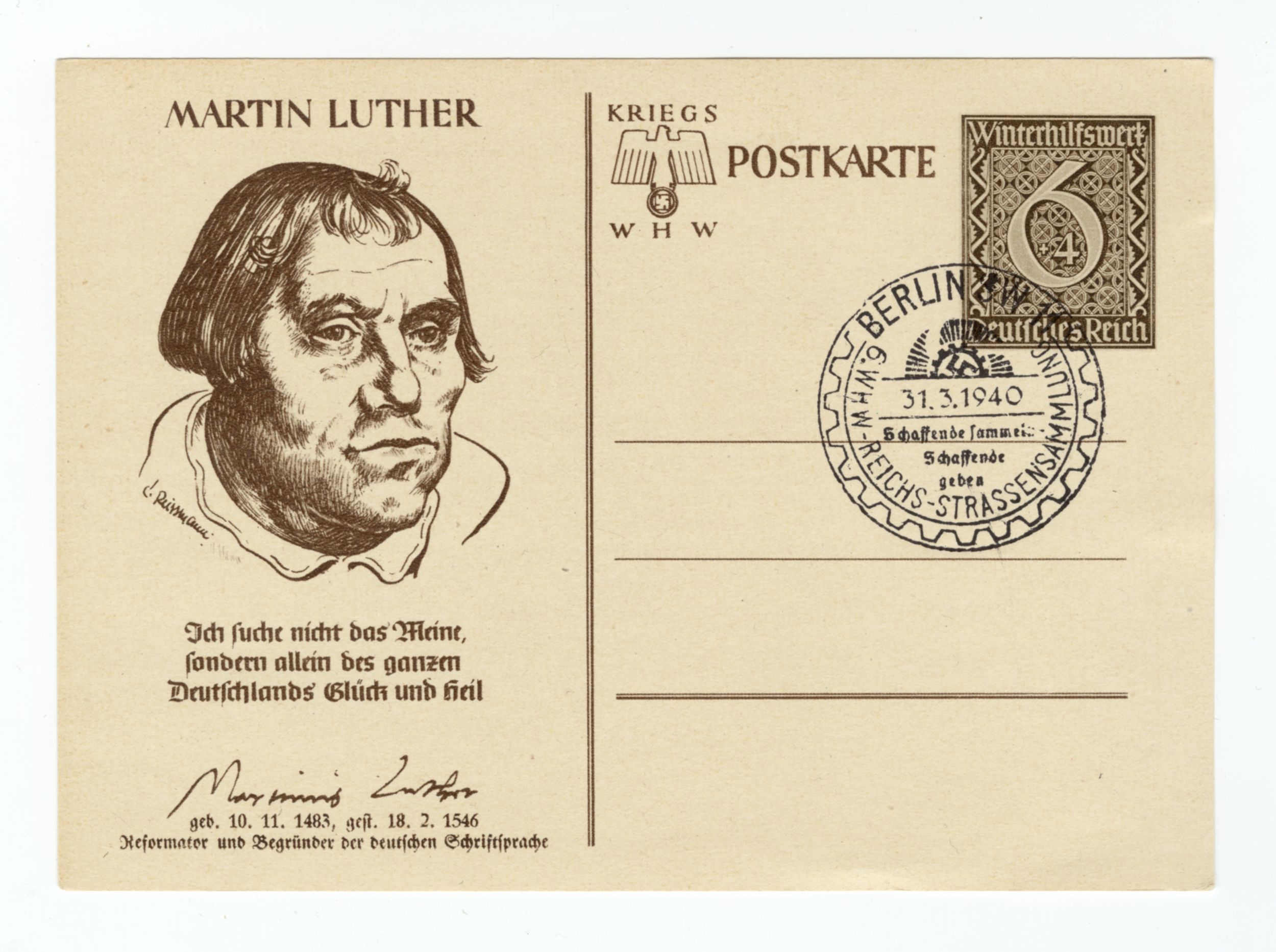 Kriegspostkarte mit Luther-Zitat und einem Luther-Portrait von C. Reissmann, Poststempel vom 31. März 1940