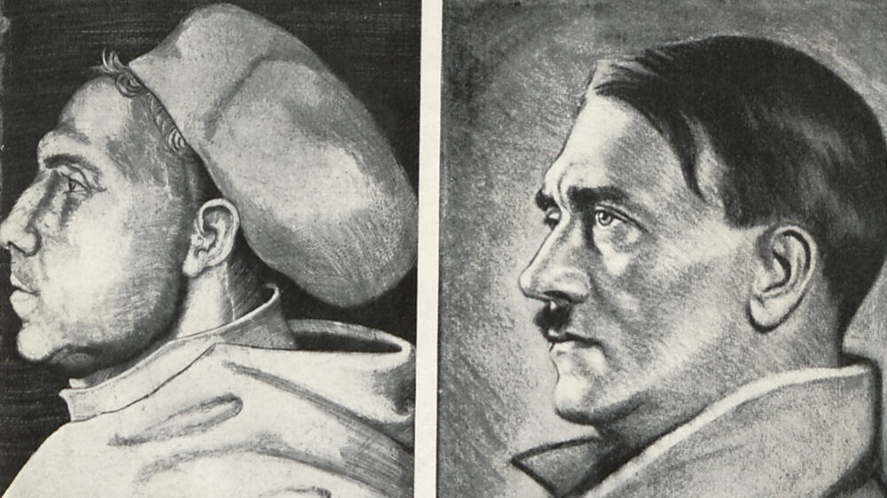 Abbildung Martin Luthers und Adolf Hitlers auf dem Einband der „Weltgeschichte für Alle“ aus dem Jahr 1933