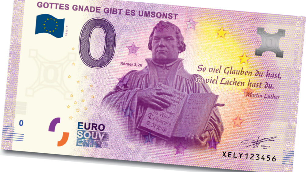 Ein Muster des Null-Euro-Scheins „Gottes Gnade gibt es umsonst“