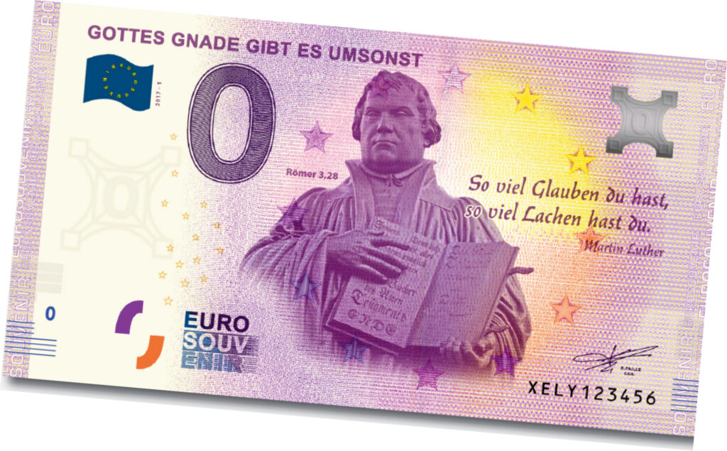 Ein Muster des Null-Euro-Scheins „Gottes Gnade gibt es umsonst“