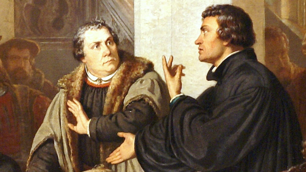 Ein Gemälde von August Noack aus dem Jahr 1867 stellt den Disput Martin Luthers mit dem Schweizer Reformator Huldrych Zwingli dar