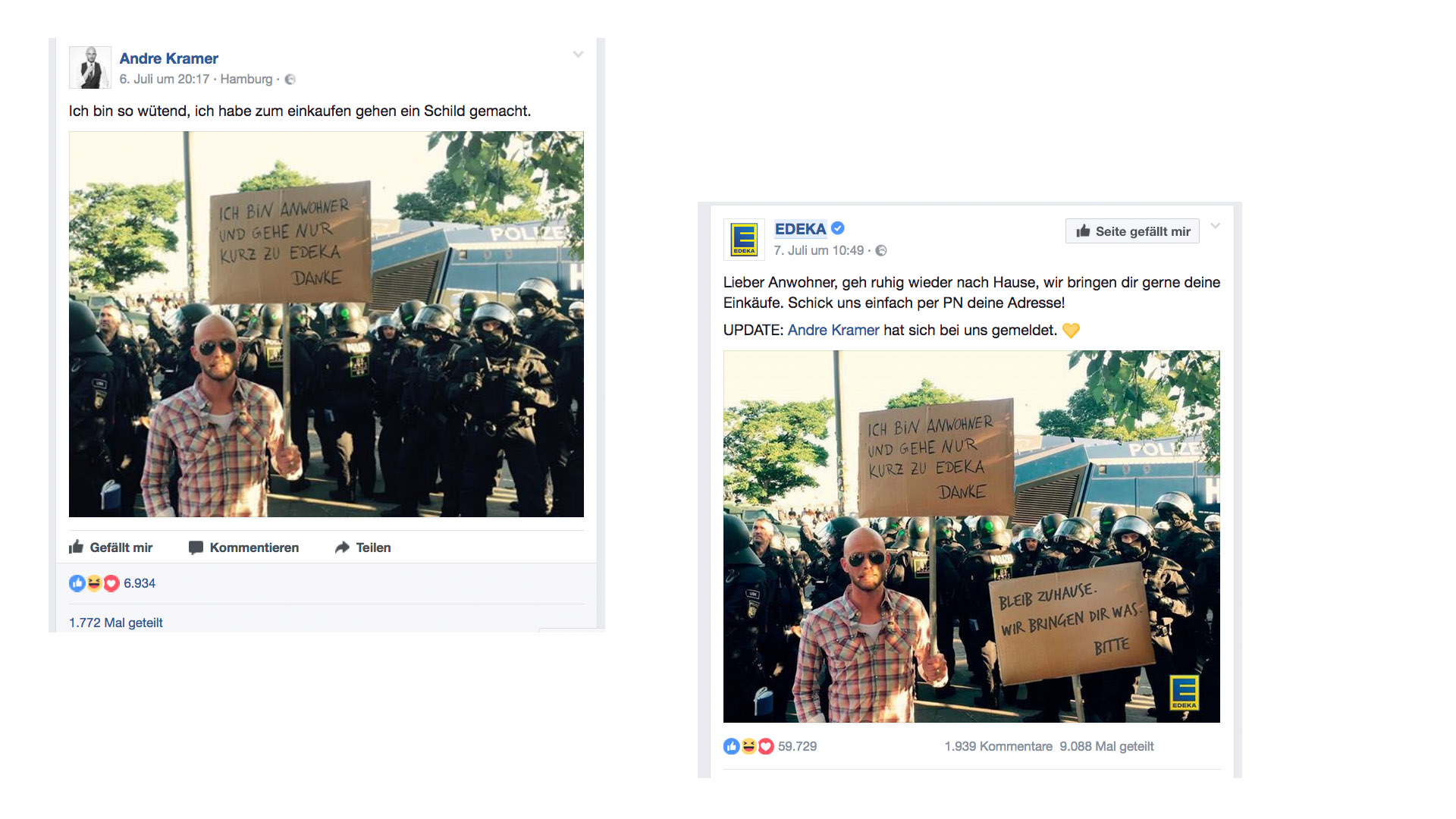 Das Foto von Andre Kramer während der G20-Proteste und die Reaktion von Edeka darauf wurden auf Facebook tausendfach geteilt