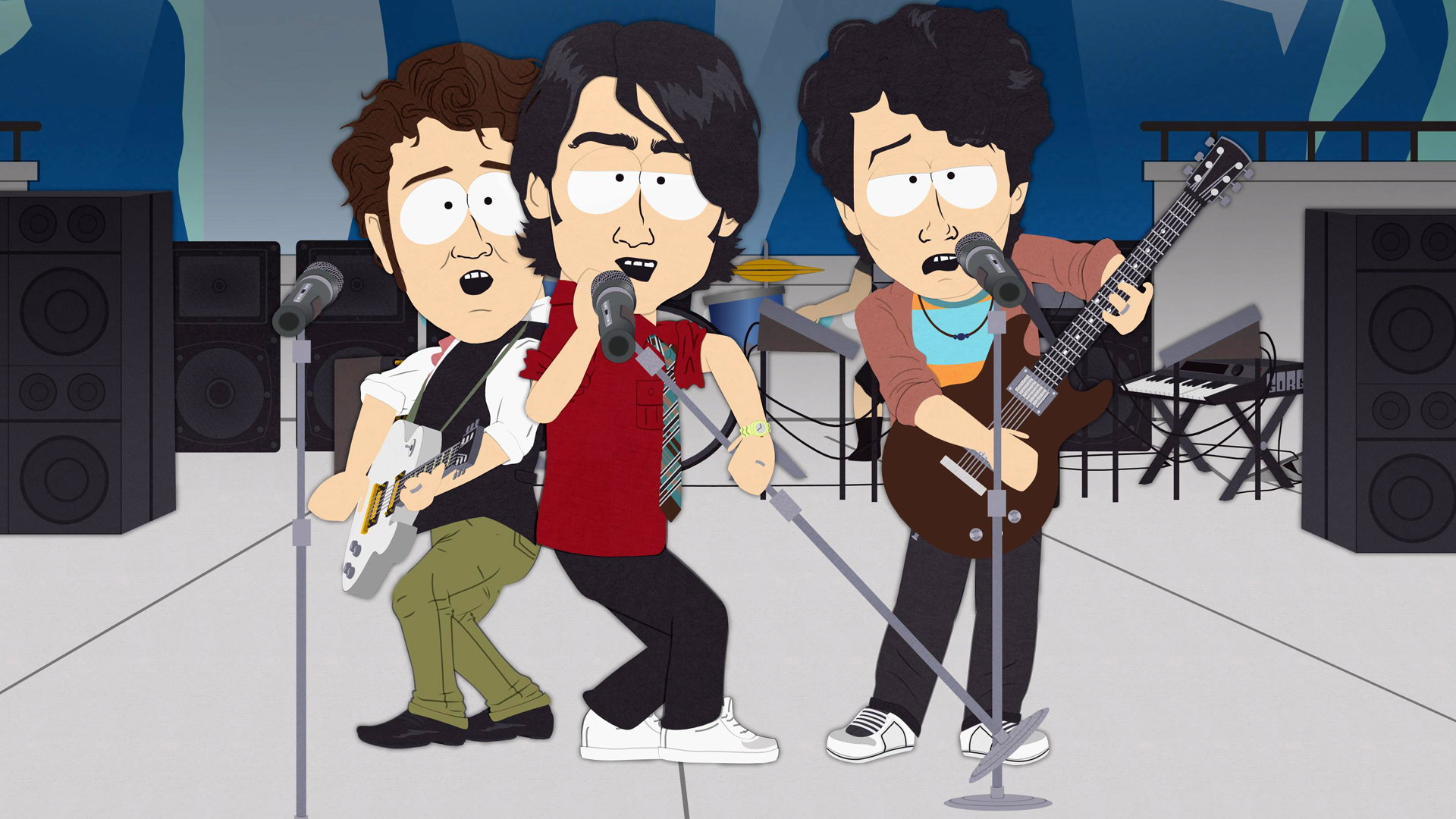 Die „Jonas Brothers“ in der Version von „South Park“. Als die Jungs sich weigern, weiterhin für Keuschheit und den Glauben zu werben, werden sie von ihrem Chef, Micky Maus, zusammengeschlagen