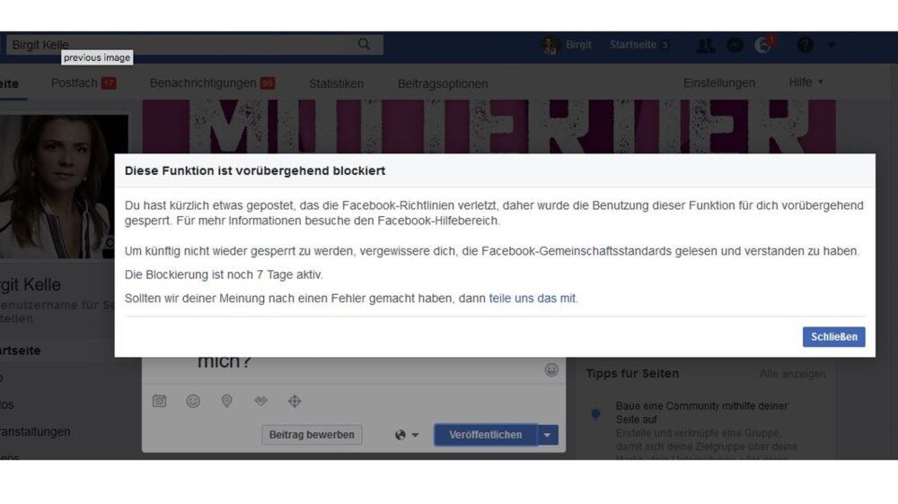 Diesen Hinweis bekommt die Autorin Birgit Kelle angezeigt, wenn sie ihre Facebook-Seite aufrufen möchte