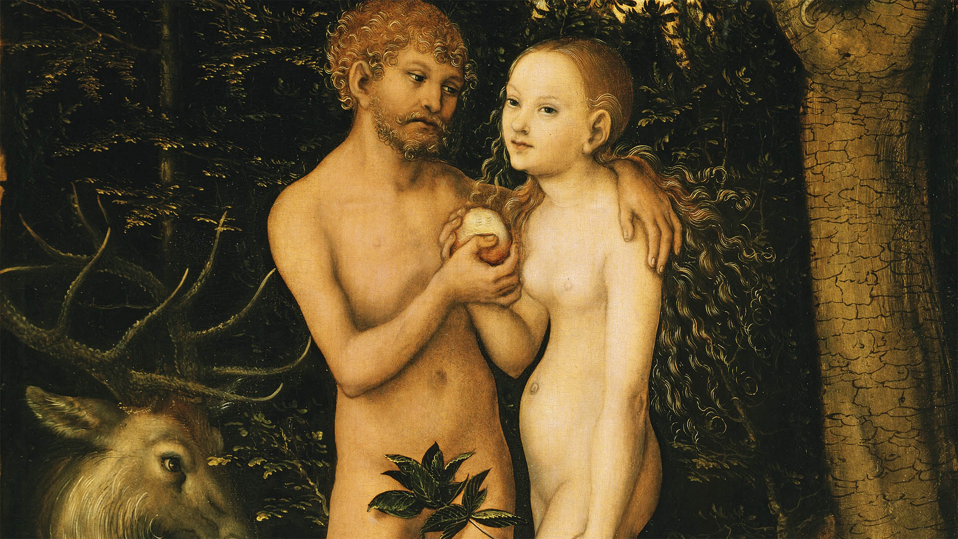Adam und Eva im Paradies, gemalt von Lucas Cranach dem Älteren
