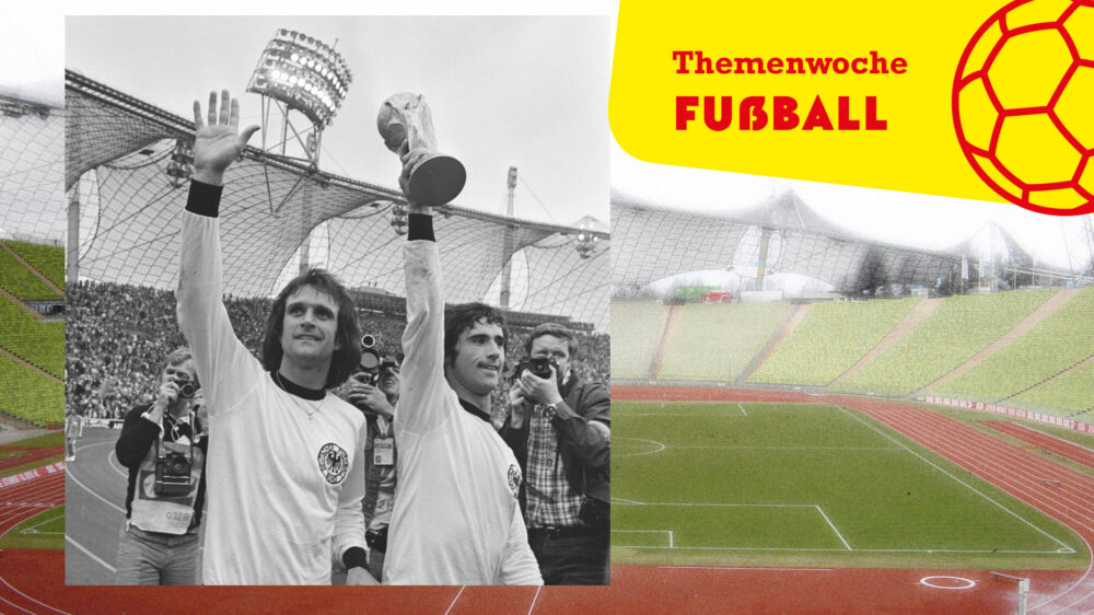Fußball-Weltmeister 1974: Wolfgang Overath (links) und Siegtorschütze Gerd Müller nach dem Triumph gegen die Niederlande im Münchener Olympiastadion