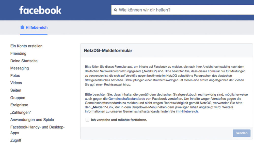 Bei Facebook müssen Nutzer erst ein Formular ausfüllen, wenn sie einen Beitrag melden wollen, der ihrer Meinung nach gegen das NetzDG verstößt