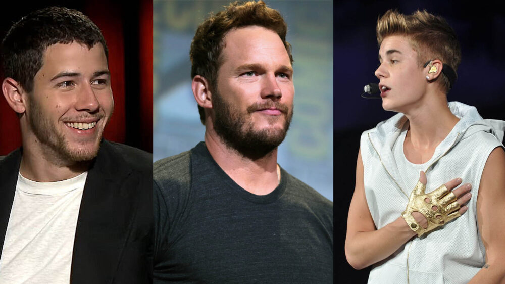 Der Sänger Nick Jonas, der Schauspieler Chris Pratt und der Popstar Justin Bieber (v.l.n.r.) sind bekannt für ihren Glauben, und alle haben vor kurzem öffentlich ihre Verlobung bekannt gegeben