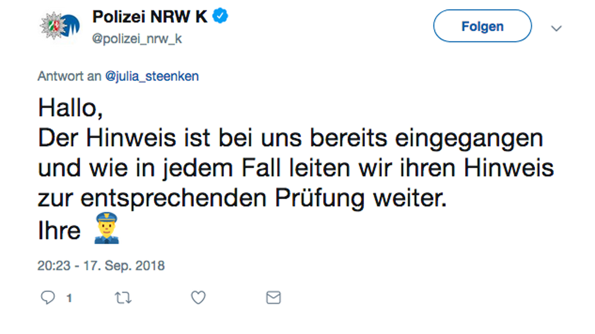 Tweet der Polizei Nordrhein-Westfalen als Antwort auf einen Hinweis auf das Plakat, der via Twitter kam