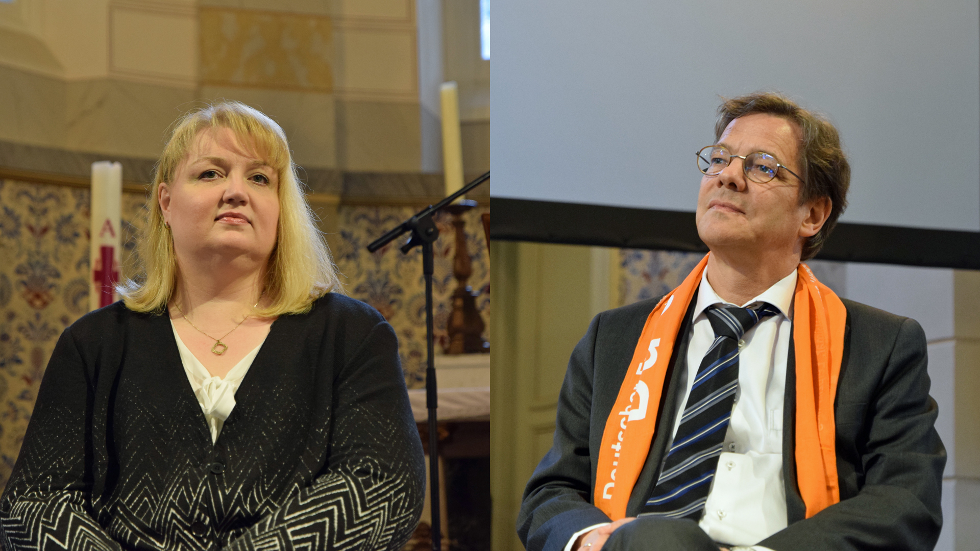 Die ehemalige AfD-Politikerin Anette Schultner und der Berliner Bischof Markus Dröge auf dem Kirchentag in Berlin