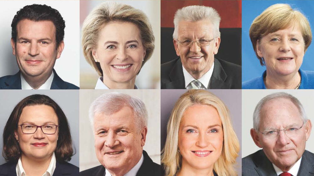 Zu den Autoren der Politikerbibel zählen Hubertus Heil, Ursula von der Leyen, Winfried Kretschmann, Angela Merkel, Andrea Nahles, Horst Seehofer, Manuela Schwesig und Wolfgang Schäuble (v.o.l. nach u.r.)