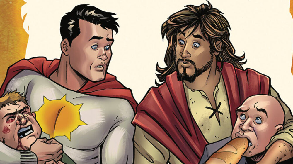Sollen gemeinsam die Welt retten: Sun-Man (links) und Jesus (rechts)