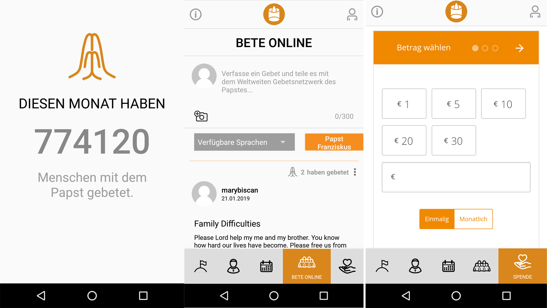 Die drei App-Screenshots zeigen die Anzahl der Betenden, das Menü für ein eigenes Gebetsanliegen und die Spendenmöglichkeit