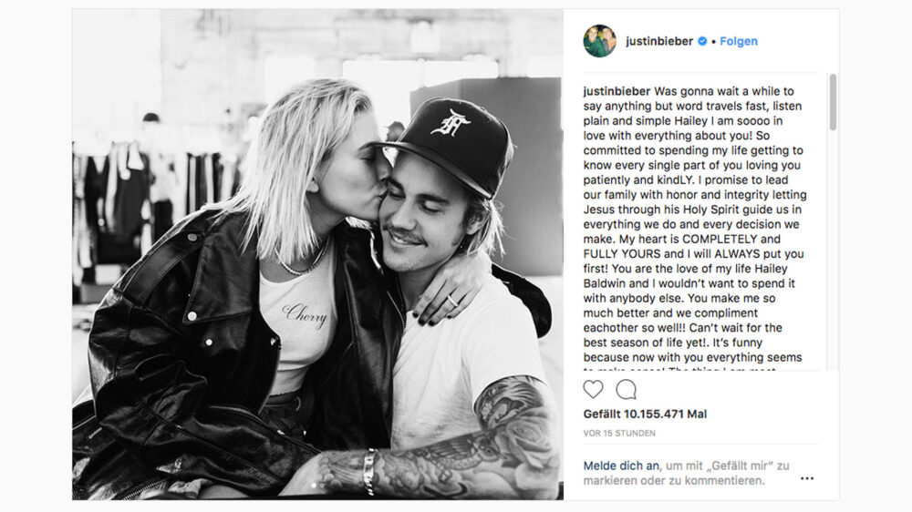 Mit diesem Post auf Instagram gab Justin Bieber die Verlobung mit Hailey Baldwin bekannt