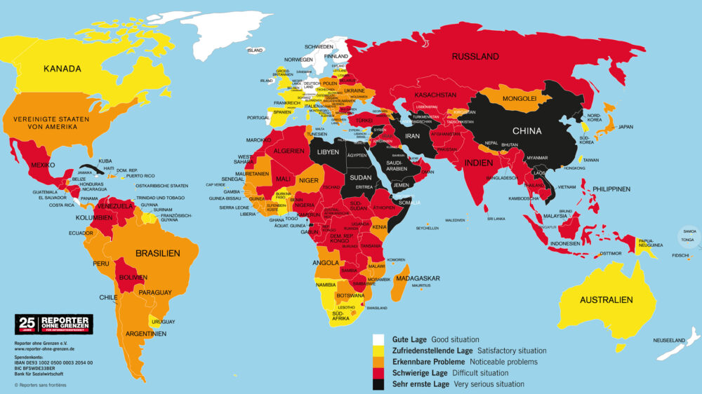Die Rangliste in einer Grafik: Rote Bereiche missachten die Pressefreiheit dramatisch