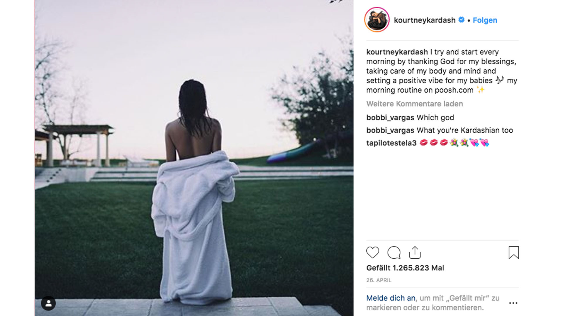 Kourtney Kardashian kündigt auf Instagram ihren Text zu ihrer Morgenroutine an, den sie auf Poosh.com veröffentlicht hat