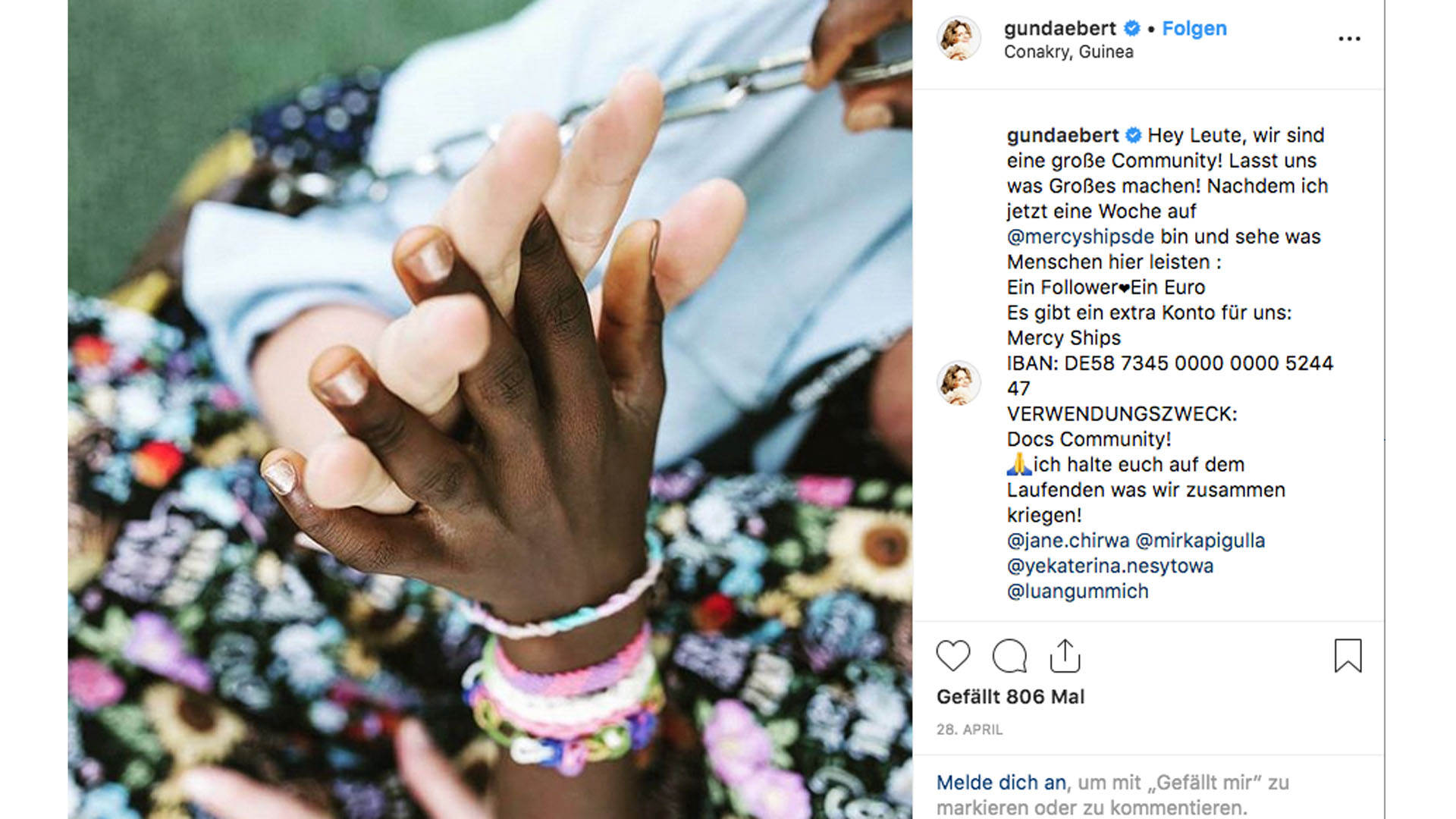 Gunda Ebert ruft über Instagram zum Spenden für „Mercy Ships“ auf