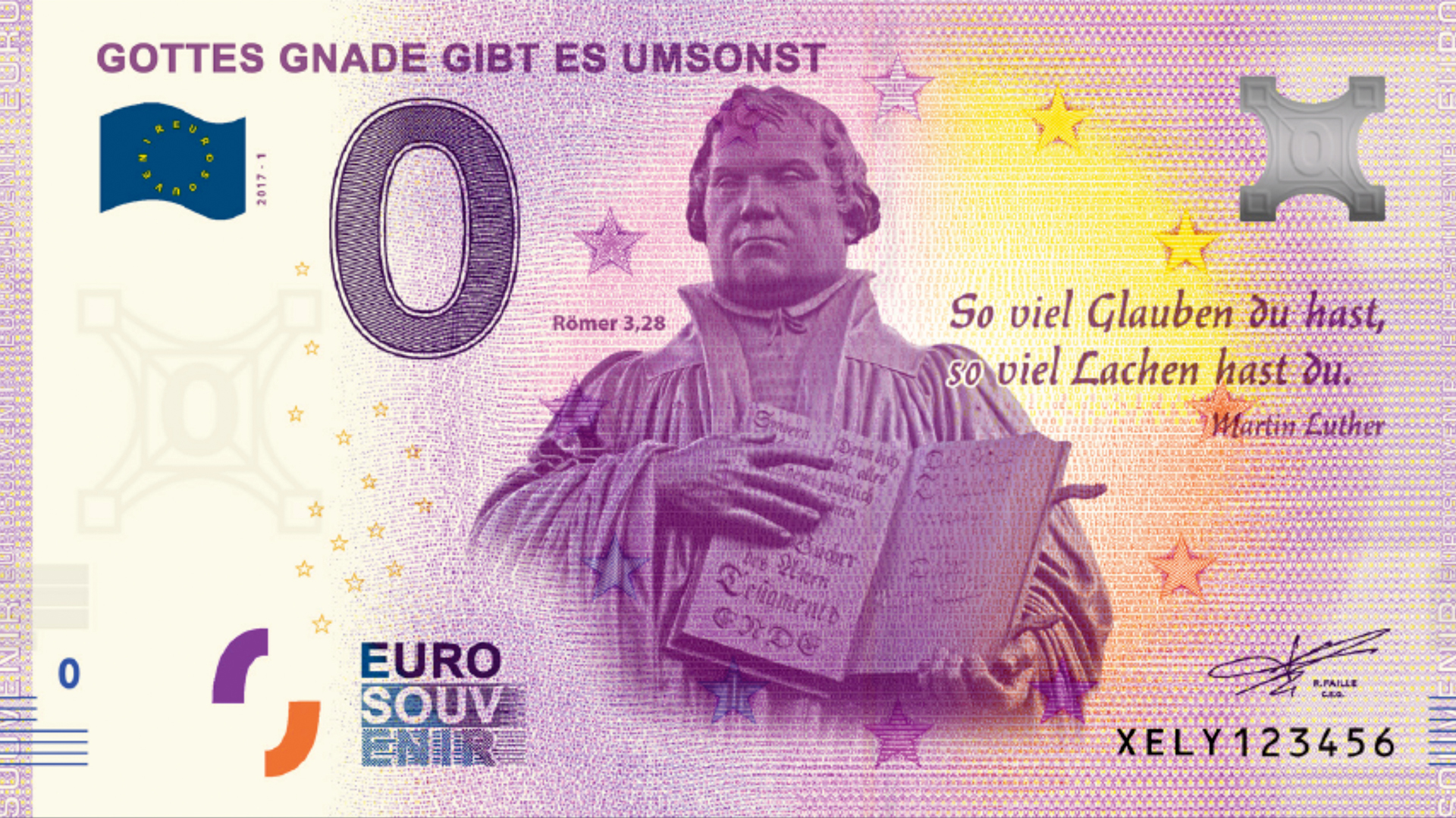 Null-Euro-Schein „Gottes Gnade gibt es umsonst“