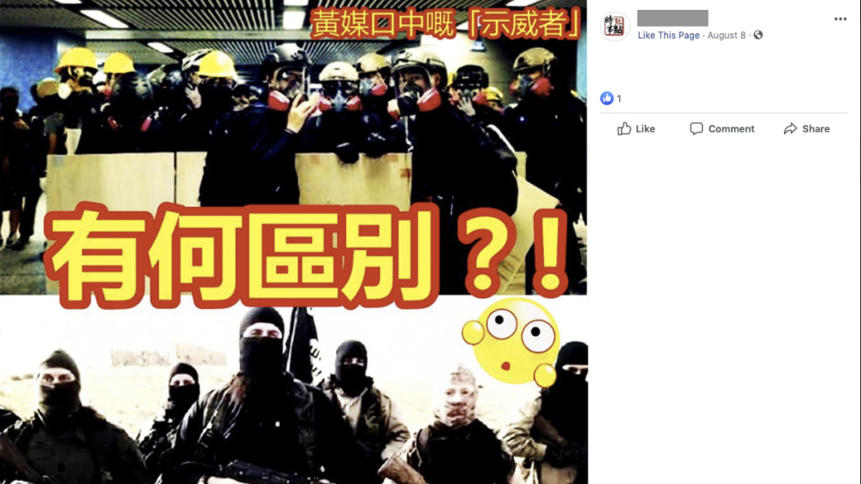 „Wo ist der Unterschied?“, steht auf diesem Propagandabild, das von einem mittlerweile gelöschten Konto gepostet wurde. Oben sind Demonstranten in Hongkong, unten IS-Kämpfer zu sehen.