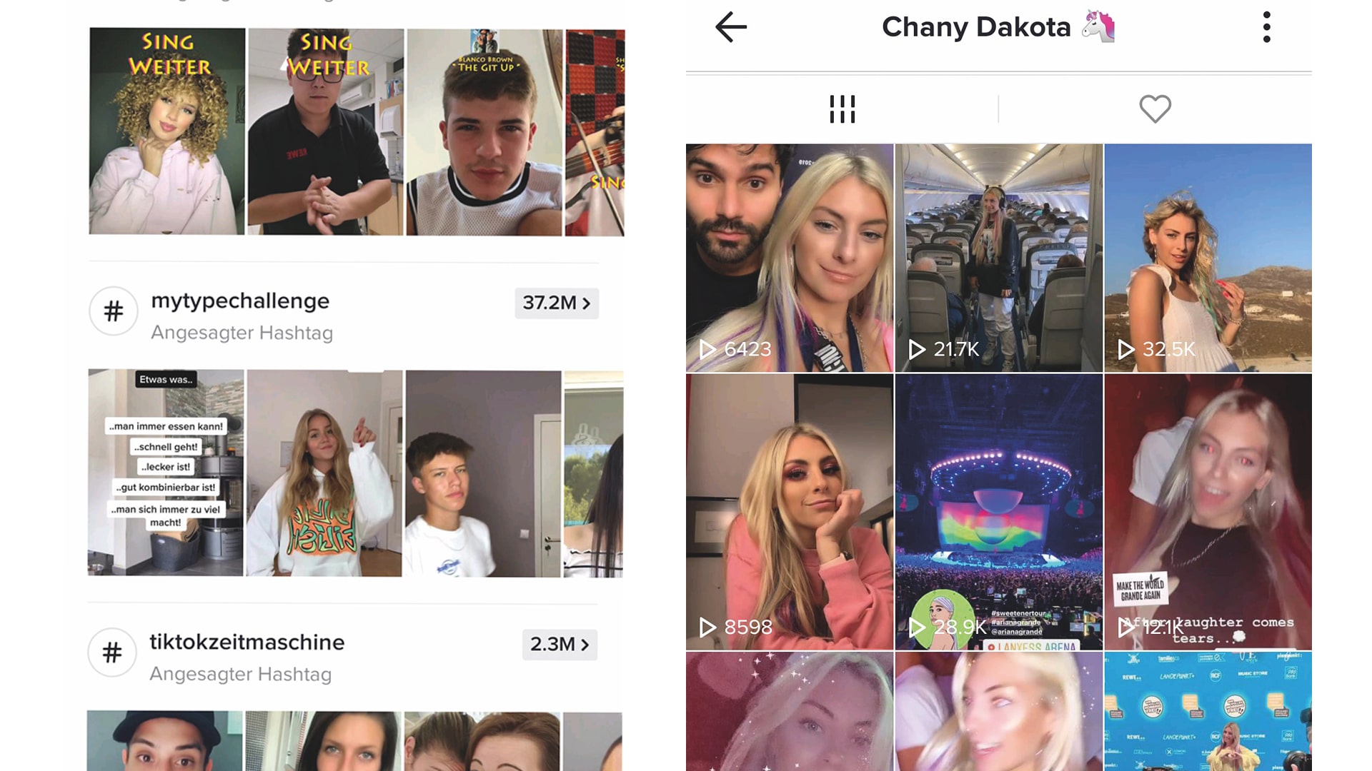 In sogenannten „Challenges“ stellen sich TikTok-Nutzer spielerisch Aufgaben und verpacken diese in Mini-Videoclips (links). Chany Dakota ist eine der erfolgreichsten TikTok-Influencerinnen (rechts).