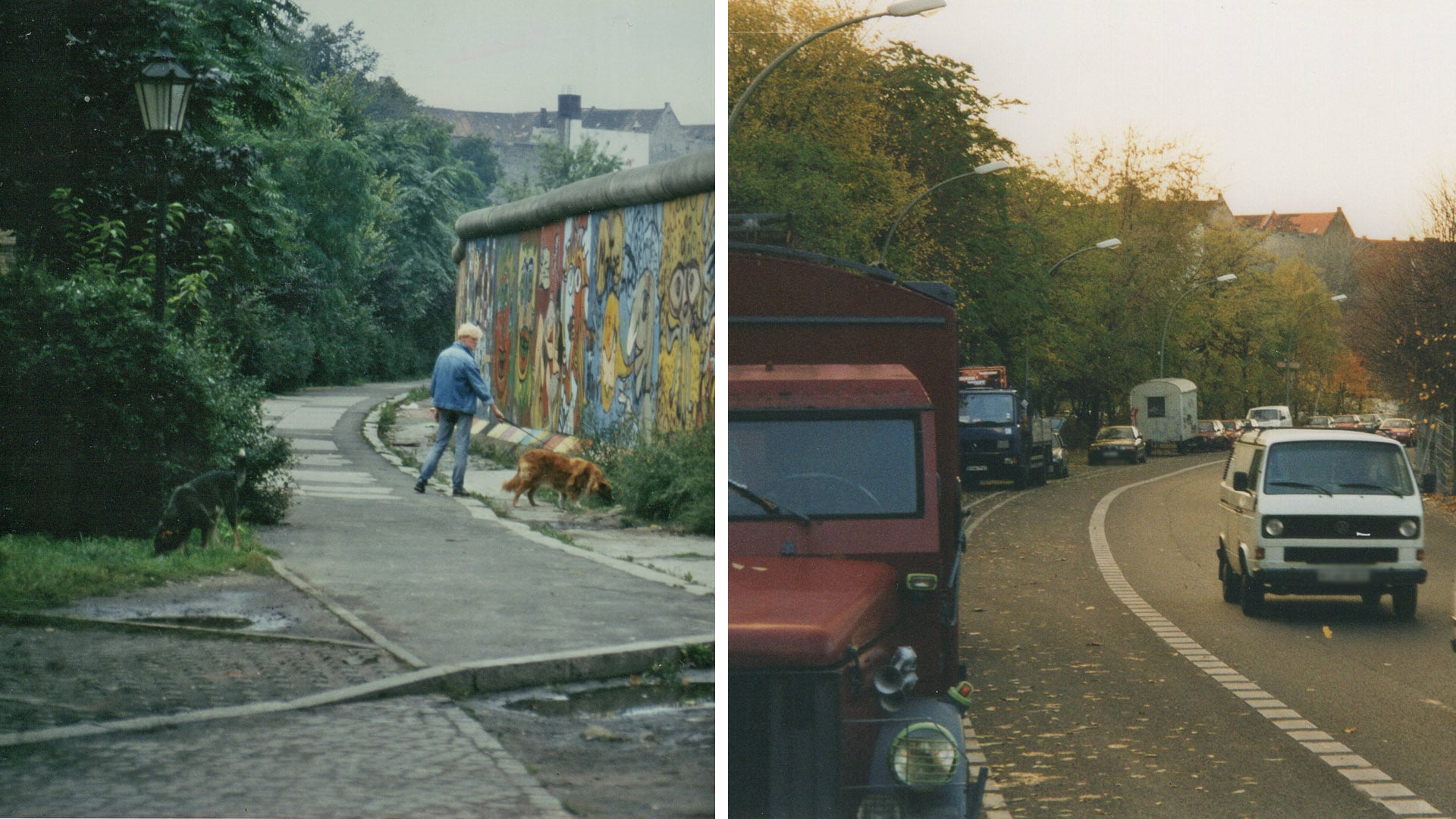 Gassigehen in Kreuzberg im Jahr 1987. Dieselbe Stelle am Bethaniendamm ist Jahre danach kaum wiederzuerkennen.