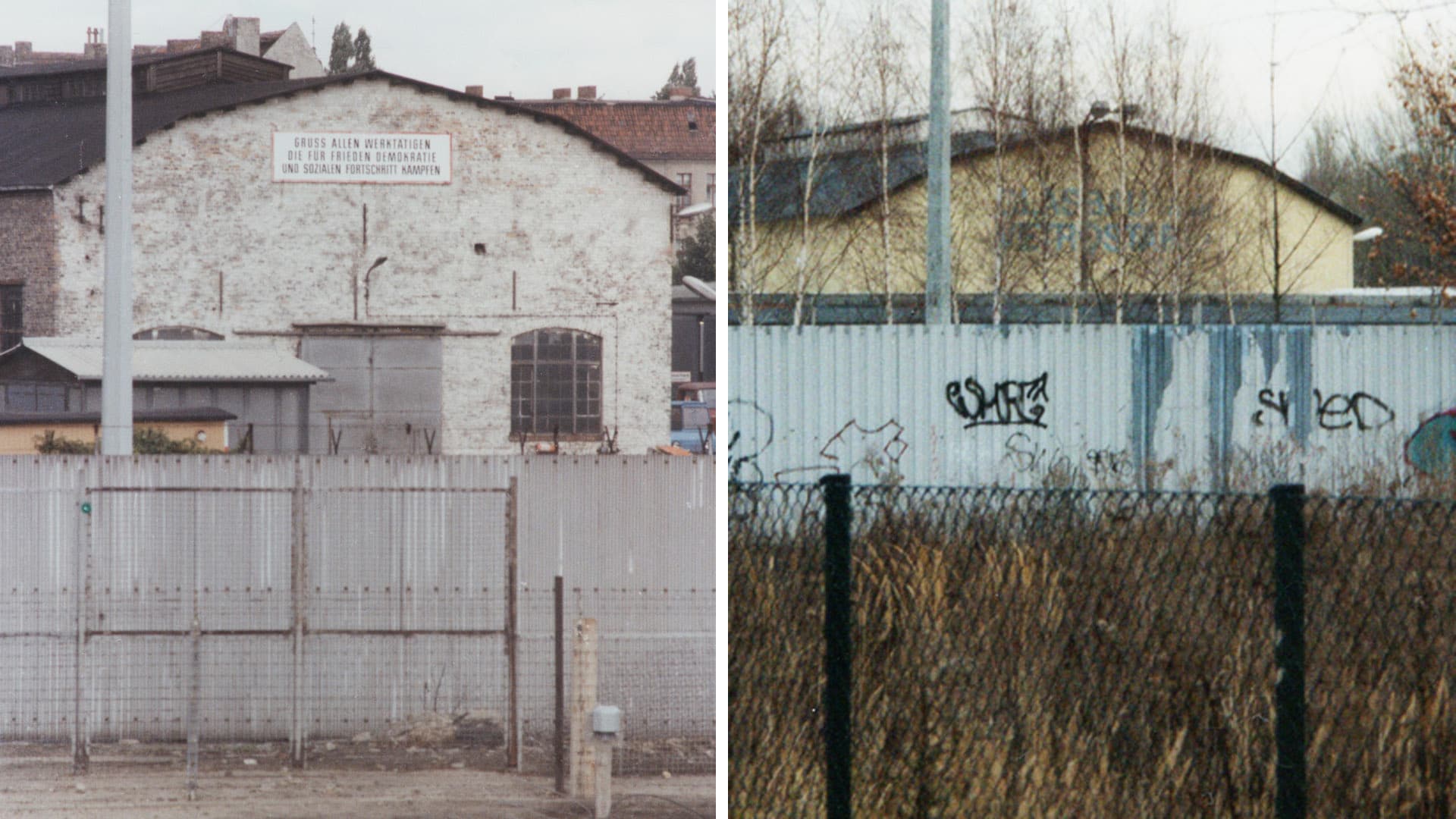 Gewerbehalle in Wilhelmsruh, Höhe Waldsteg: Mitte der Achtzigerjahre mit DDR-Propagandaspruch und nach dem Mauerfall