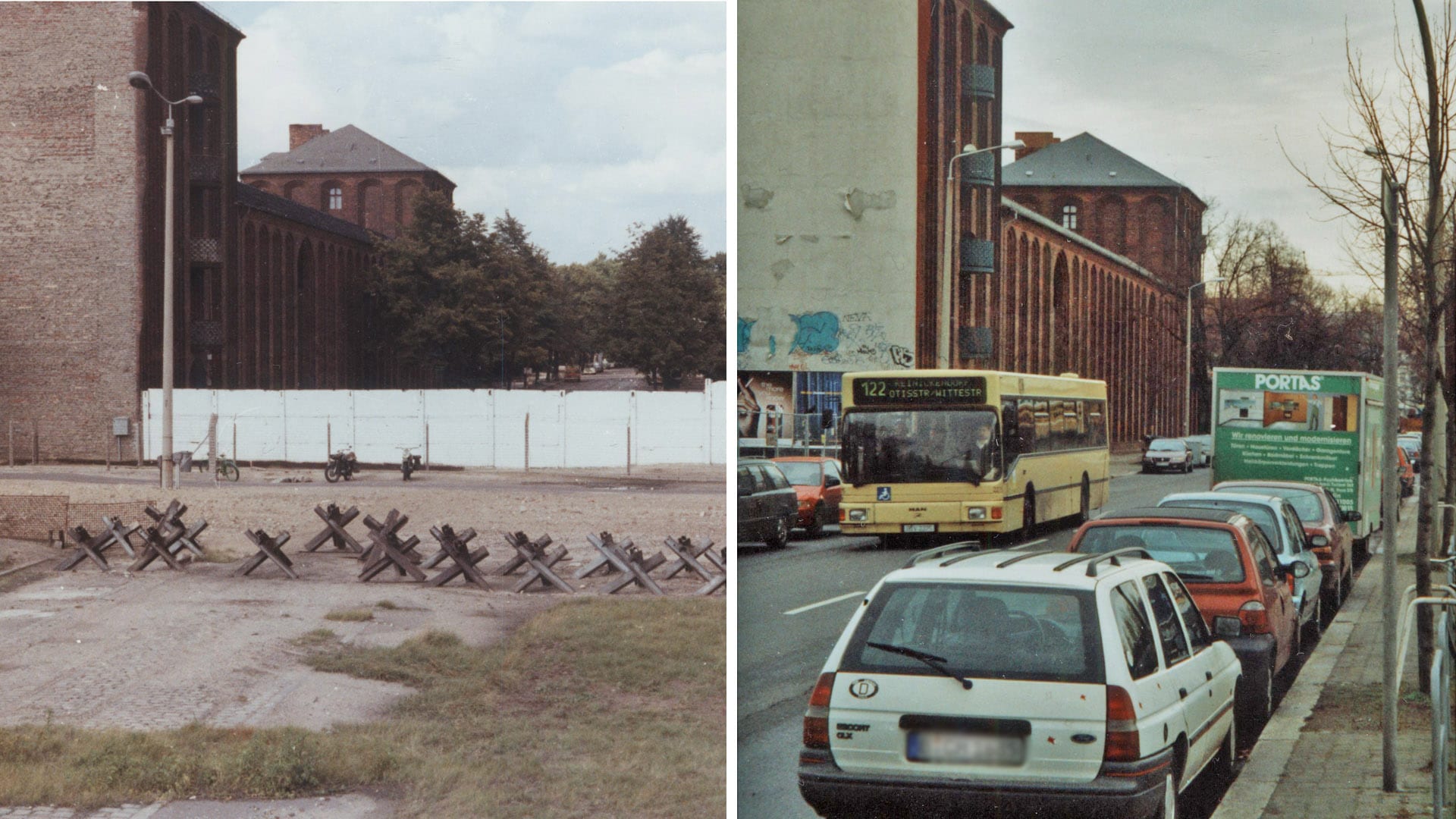 Blick vom S-Bahnhof Wilhelmsruh zum Umspannwerk Kopenhagener Straße, Mitte der Achtzigerjahre und nach dem Mauerfall