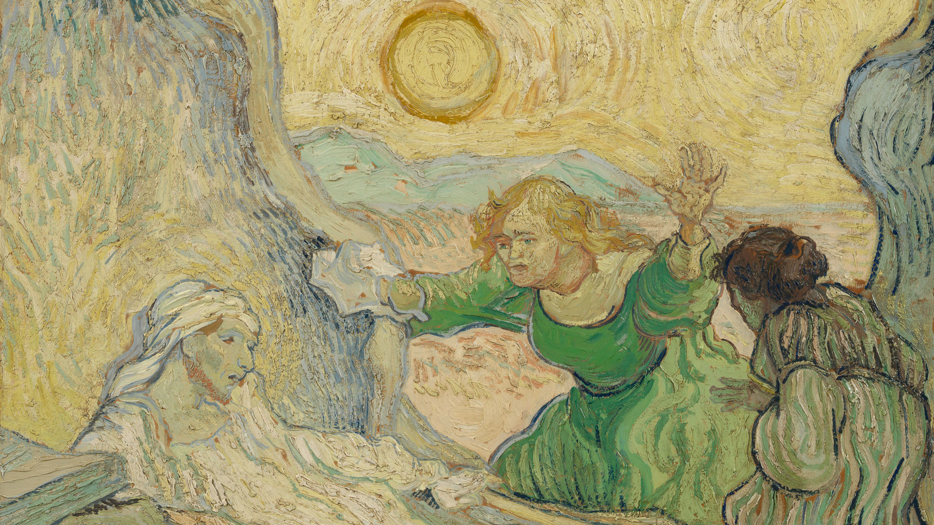 Vincent van Gogh tritt an die Stelle des Lazarus. Der Auferweckte wird von der Sonne, einem Symbol für Christus, begrüßt.