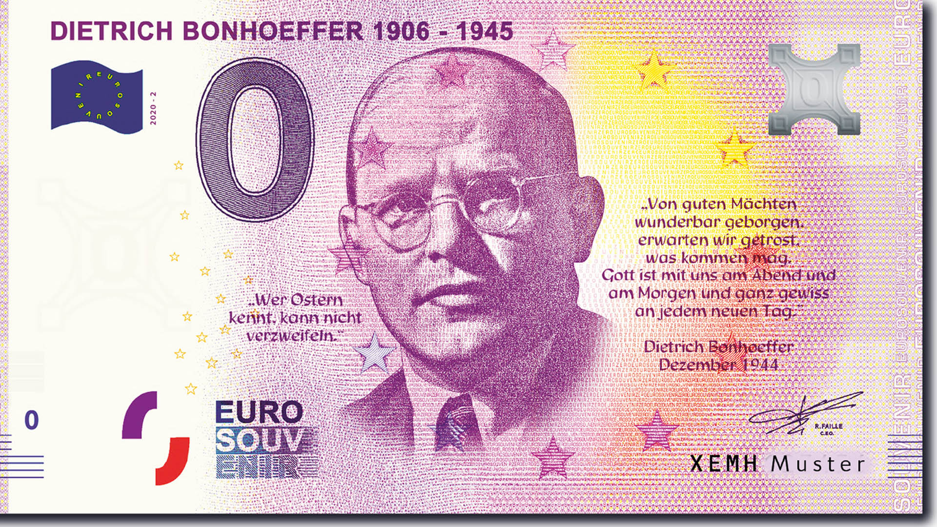 Zum Gedenken an die Ermordung des Theologen Dietrich Bonhoeffers vor 75 Jahren kam ein Null-Euro-Schein von gott.net heraus