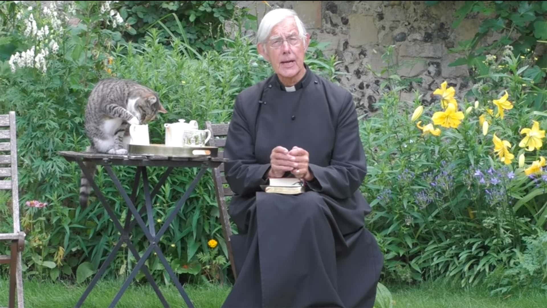 Während einer YouTube-Predigt über Lukas 17 stiehlt eine graugestreifte Katze dem Dekan der Kathedrale von Canterbury die Show