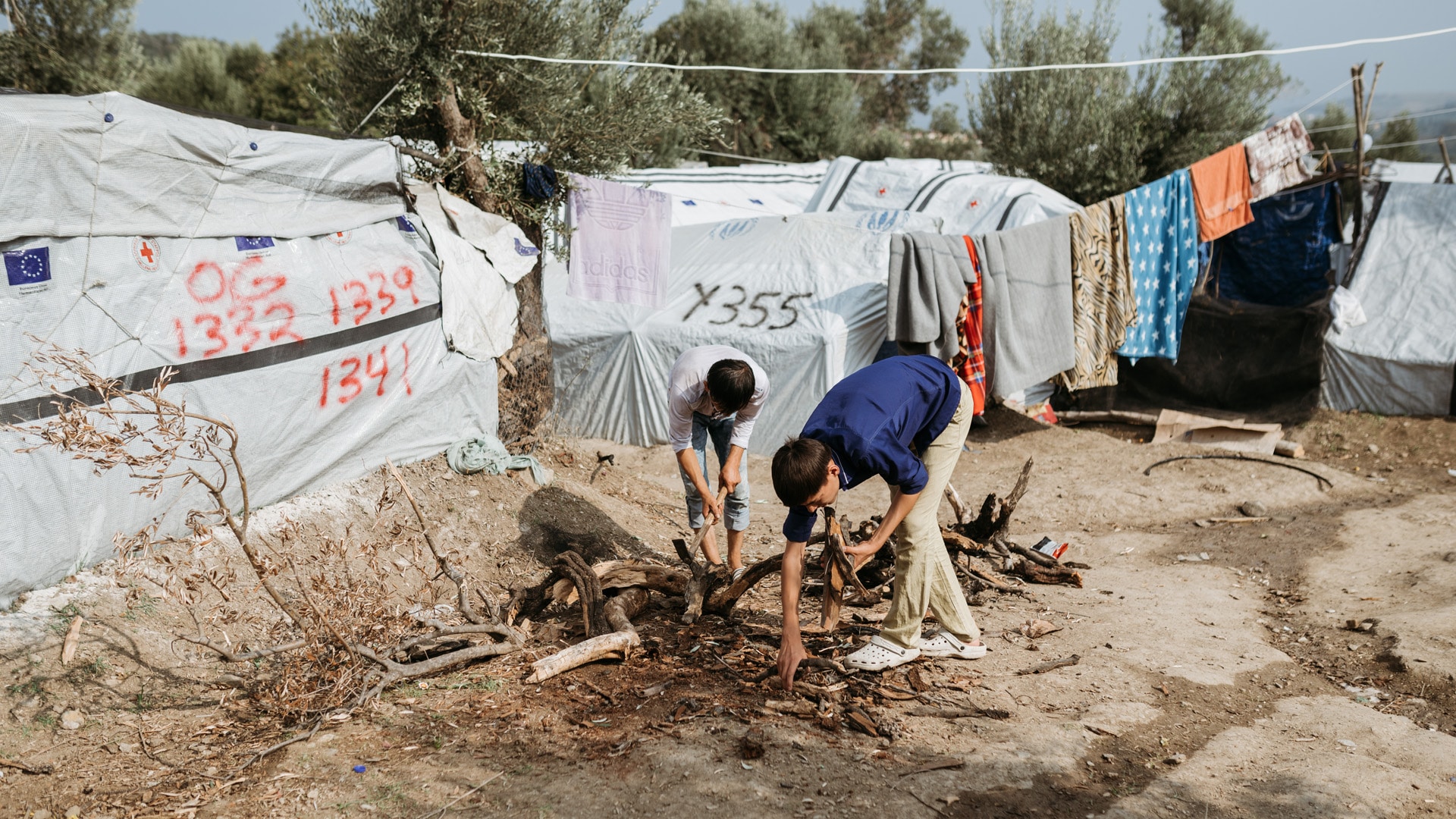 Wer in den Wohncontainern des Flüchtlingslagers Moria keinen Platz mehr bekam, musste sich mit einem Zelt im Olivenhain begnügen. Auf 16 Quadratmetern war für bis zu vier Familien Platz.