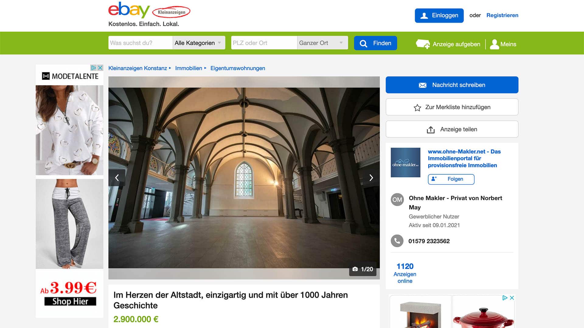 Bei ebay Kleinanzeigen wird die ehemalige Kirche Sankt Johann in Konstanz angeboten