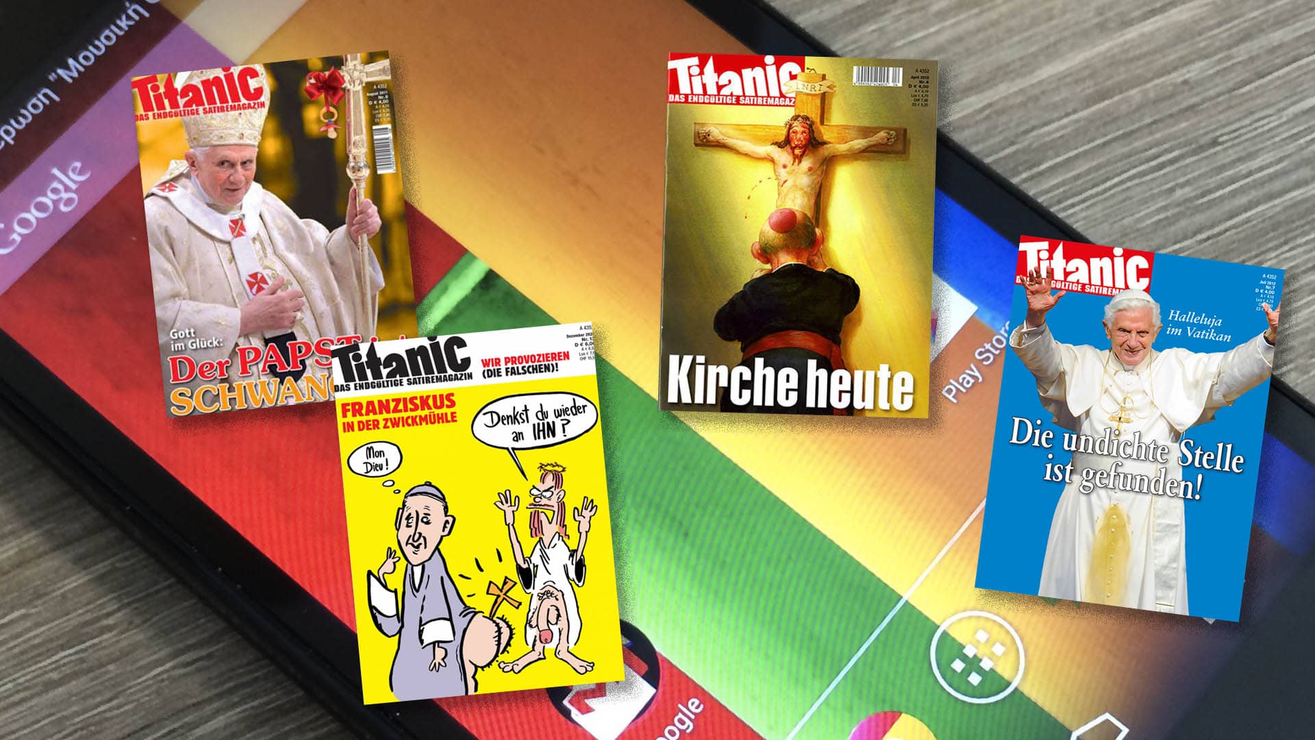 Das Satiremagazin Titanic brachte hin und wieder auf dem Titelbild satirische Seitenhiebe gegen die Kirche. Nun beanstandet Google manche Titelbilder und entfernt sie aus dem App-Store.